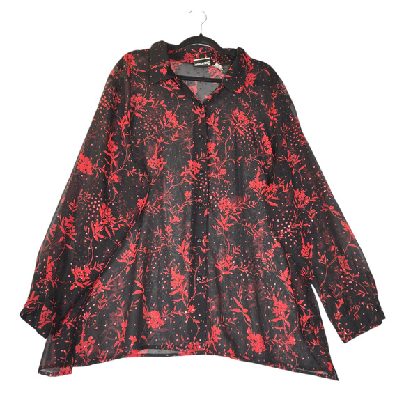 Fashion bug Blouse Womens Size 26/28W Sheer Red Floral Black Button Up Holiday - Picture 1 of 11
